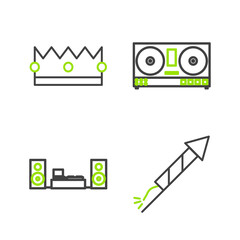 Sticker - Set line Firework rocket, Home stereo with two speakers, DJ remote for playing and mixing music and Crown icon. Vector