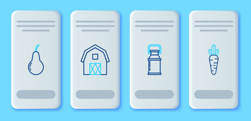 Poster - Set line Farm House concept, Can container for milk, Pear and Carrot icon. Vector