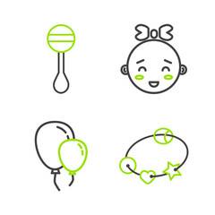 Poster - Set line Rattle baby toy, Balloons with ribbon, Happy little girl head and icon. Vector