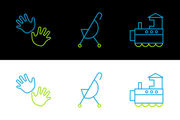 Sticker - Set line Toy train, Baby hands print and stroller icon. Vector