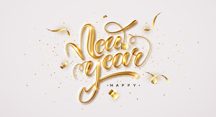 Wall Mural - happy new year. elegant congratulation with 3d realistic gold metal lettering