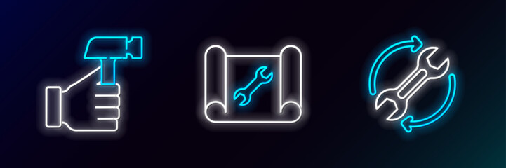 Sticker - Set line Wrench and arrows as workflow, Hammer and Graphing paper wrench icon. Glowing neon. Vector