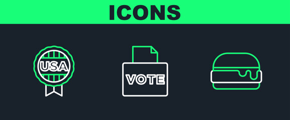 Poster - Set line Burger, Medal with star and Vote box icon. Vector