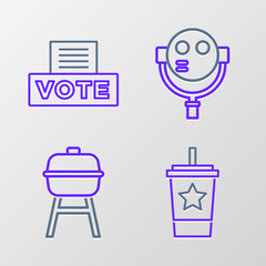 Canvas Print - Set line Paper glass with straw, Barbecue grill, Tourist binoculars and Vote box icon. Vector