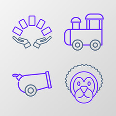 Sticker - Set line Wild lion, Cannon, Toy train and Hand holding playing cards icon. Vector