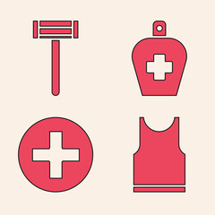 Wall Mural - Set Sleeveless T-shirt, Shaving razor, Bottle of liquid antibacterial soap and Cross hospital medical icon. Vector