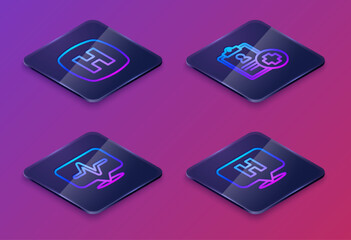 Sticker - Set Isometric line Hospital signboard, Heart rate, Patient record and Location hospital. Blue square button. Vector