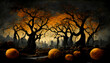 spooky halloween forest with scary black trees and pumpkins on the ground, neural network generated art