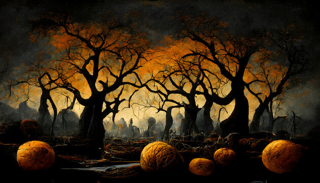 spooky halloween forest with scary black trees and pumpkins on the ground, neural network generated 