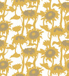 Sunflower flower silhouettes with stem and leaves isolated on a white background. Vector seamless pattern.