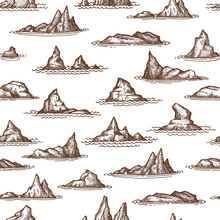 Rocks Outliers, Reefs And Shallows Seamless Pattern, Vector Background. Sea Reefs Or Ocean Island Stones And Beach Rocks With Coast Shore Cliffs And Mountains In Water Waves, Sketch Monochrome Pattern
