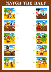 Sticker - Match the half piece of cartoon mexican food pirate and corsair characters. Part search child quiz, kids riddle vector worksheet with tequila, burrito and jalapeno pepper, taco, churros and nachos