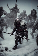 Angry Barbarian Running Across A Snow Field