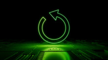 Green Reload Technology Concept With Refresh Symbol As A Neon Light. Vibrant Colored Icon, On A Black Background With High Tech Floor. 3D Render