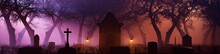 Pink Halloween Banner With Churchyard In A Thick Mist. Eerie Night Scene With Trees And Gravestones.