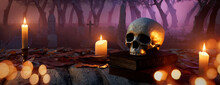 Spooky Banner With Skull And Candles. Halloween Churchyard Tabletop.
