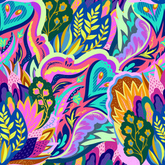 Colorful seamless pattern with crazy psychedelic organic abstract elements, print with plant and mushrooms motifs 