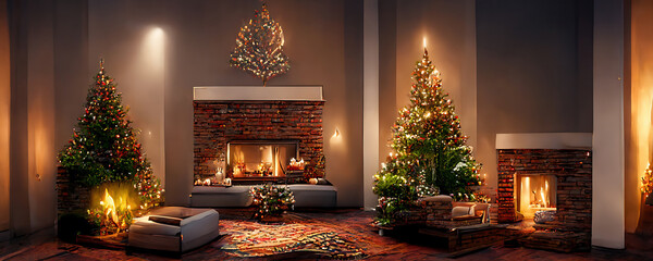 Merry Christmas background with gift next to Christmas Tree in decorated room with fireplace. Digital Illustration.