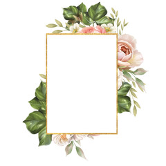 Wall Mural - Golden rectangle frame with white rose flowers and green leaves. Floral Wedding card decor