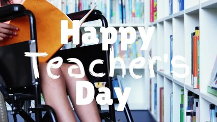 Sticker - Animation of happy teachers day text over disabled biracial schoolgirl reading