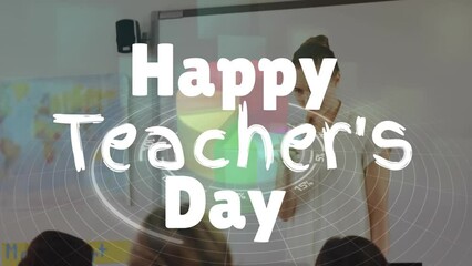 Sticker - Animation of happy teachers day text over diverse schoolchildren with teacher