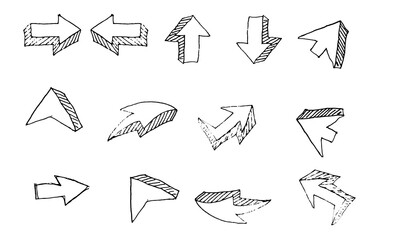 unique set collection arrow doodle on white background. Doodles on white. Black and white illustration