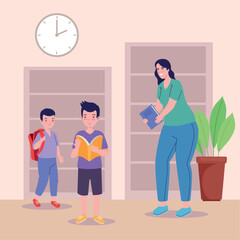 Wall Mural - school teacher with students kids