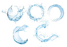 Round Transparent Water Wave Splash And Swirls With Drops, Realistic Vector. Water Flow Splatters Of Clean Blue Pure Aqua With Pour And Splashing Spill Of Fresh Crystal Drink Droplets And Bubbles