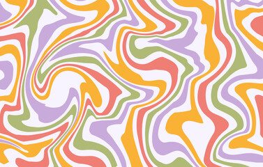 Wall Mural - Abstract horizontal groovy background with colorful distorted waves. Trendy vector illustration in style retro 60s, 70s. Pastel colors