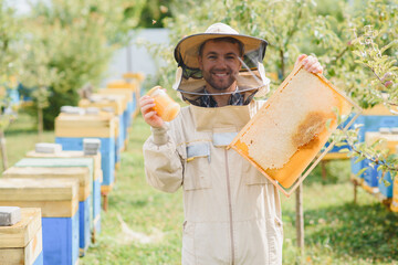 Wall Mural - Beekeeper is working with bees and beehives on apiary. Bees on honeycomb. Frames of bee hive. Beekeeping. Honey. Healthy food. Natural products.