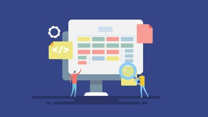 Website SEO optimization concept, tiny people managing sitemap with coding on computer 4k animation with zooming background.