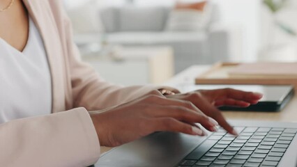 Hands of a business woman typing on a laptop to plan a creative analytics project in the office. Closeup of a professional programmer working on a programming web development design with a computer.