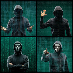 Wall Mural - Portrait of computer hacker in hoodie. Obscured dark face. Data thief, internet fraud, darknet and cyber security concept.