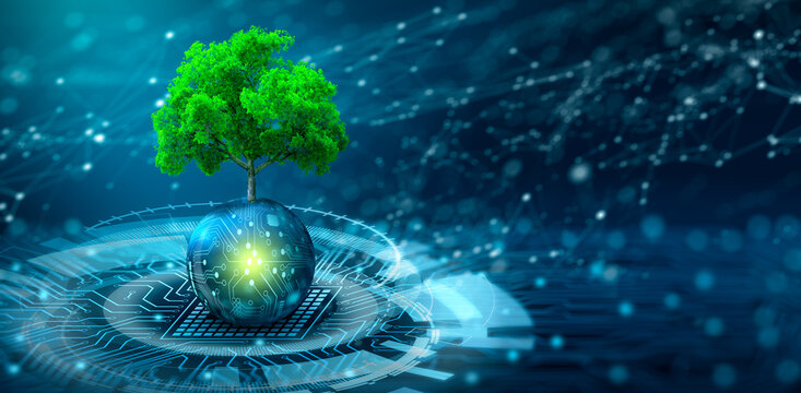 Wall Mural -  - Tree growing on Circuit digital ball. Digital and Technology Convergence. Blue light and Wireframe network background. Green Computing, Green Technology, Green IT, csr, and IT ethics Concept.