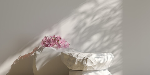 Wall Mural - cosmetic background. stone podium and cherry blossom with nature light shadow white background. for 