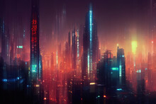 Cityscape Of Asian Cyberpunk City At Night. Neon, Skyscrapers, Fantasy Cyber City. 3D Illustration
