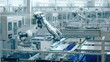© IM Imagery - White Industrial Robot Arm at Production Line at Modern Bright Factory. Solar Panels are being Assembled on Conveyor. Automated Manufacturing Facility