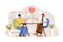 Romantic Date Concept. Loving Man And Woman Dating In Restaurant And Drink Situation. Relationship In Couple People Scene. Illustration With Flat Character Design For Website And Mobile Site