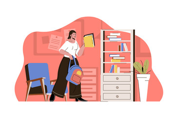 Vocational school concept. Student studies, rushes to classes, gets professional skills situation. Education people scene. Illustration with flat character design for website and mobile site