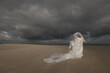 © Milou Dirks - abstract art portrait of woman in white dress and sheet of plastic dancing on the beach under cloudy sky
