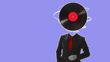 Wall Mural - Modern design, contemporary art collage. Man in business suit with vinyl record instead head. Stop motion animation video