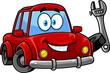 Cute Red Car Cartoon Character Holding Up A Wrench. Hand Drawn Illustration Isolated On Transparent Background