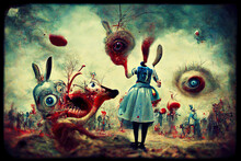 Salvador Dali Style Painting Of Alice In Wonderland - Horror, Scary, Mutation, Morph