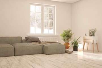 White living room with sofa and winter landscape in window. Scandinavian interior design. 3D illustration