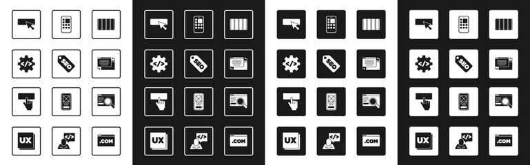 Set Color palette guide, SEO optimization, Front end development, UI UX design, Mobile Apps, and Keyboard icon. Vector