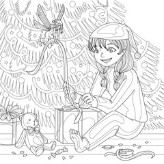 Girl packing gifts with fairy near Christmas tree at home for holidays. Coloring book page for adult with doodle and zentangle elements. Vector hand drawn isolated.