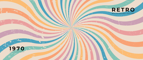 Abstract colorful 70s background vector. Vintage retro style wallpaper with lines, rainbow stripes, psychedelic. 1970 color illustration design suitable for poster, banner, decorative, wall art.