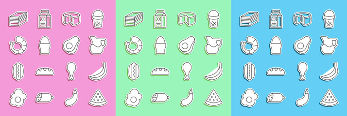 Wall Mural - Set line Watermelon, Banana, Jug glass with milk, Cheese, Chicken egg stand, Shrimp, Piece of cake and Avocado fruit icon. Vector