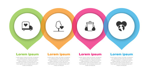 Set Delivery truck with heart, Volunteer team planting trees, Trash can and The world - love. Business infographic template. Vector