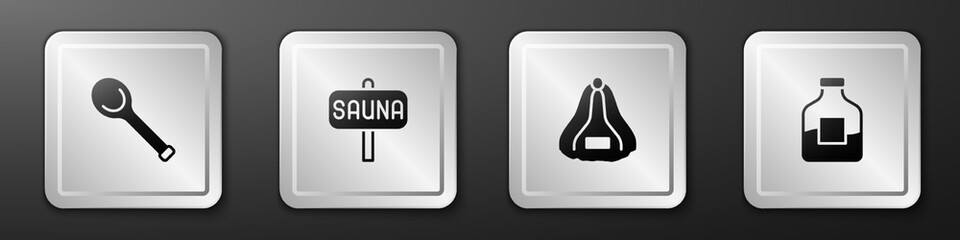 Set Sauna ladle, hat and Bottle of vodka icon. Silver square button. Vector